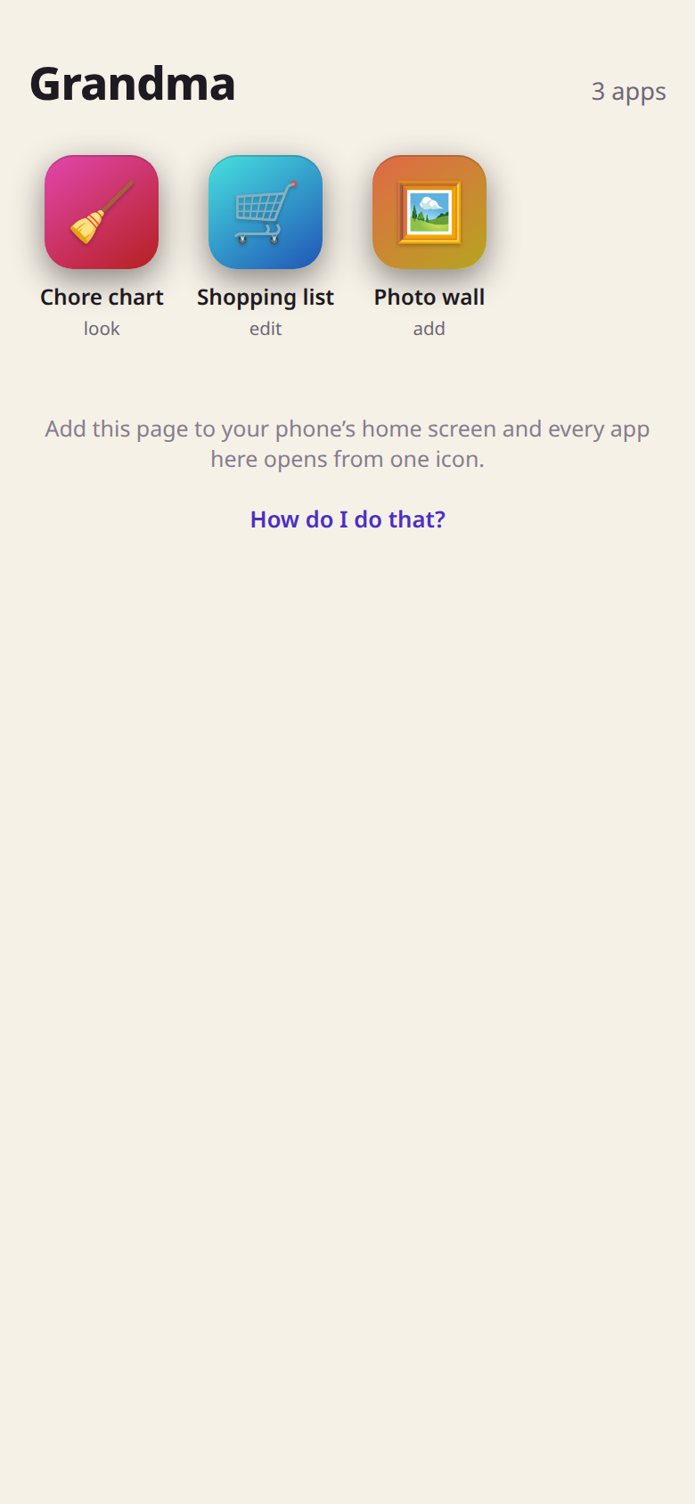A phone home screen named Grandma with three app icons