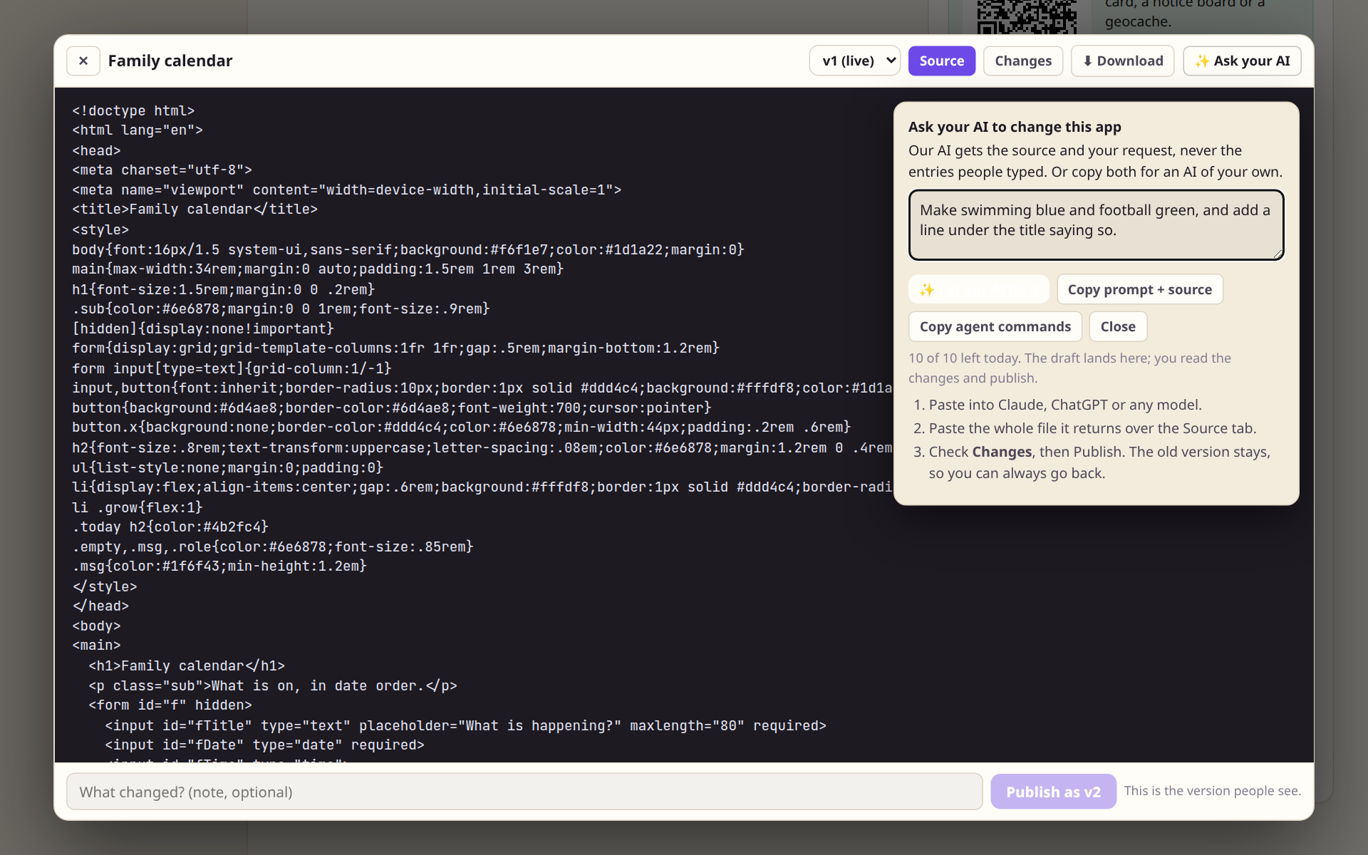 The editor with the Ask your AI panel open and a request typed in