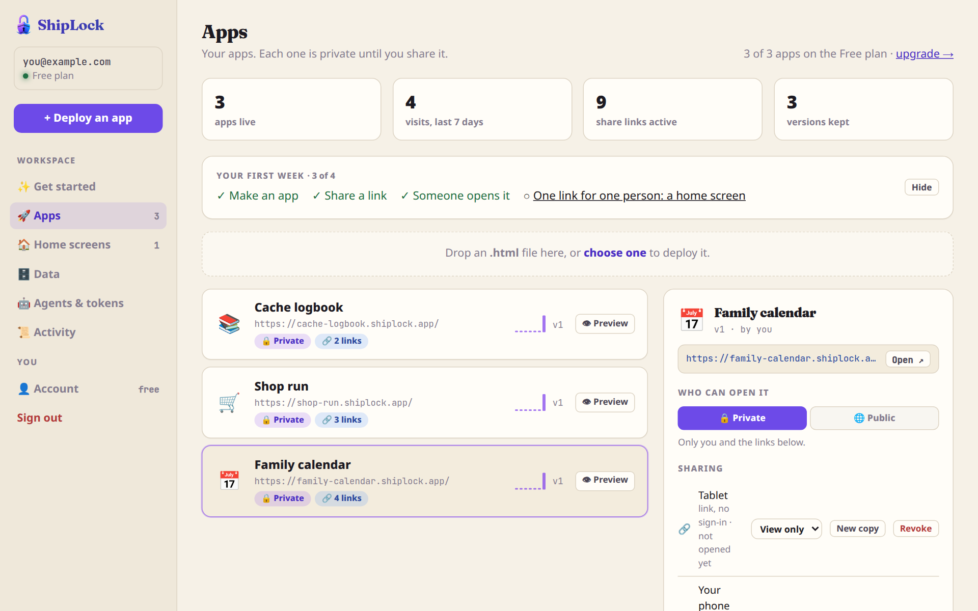 The dashboard: three apps in a list, the Family calendar open on the right with its links