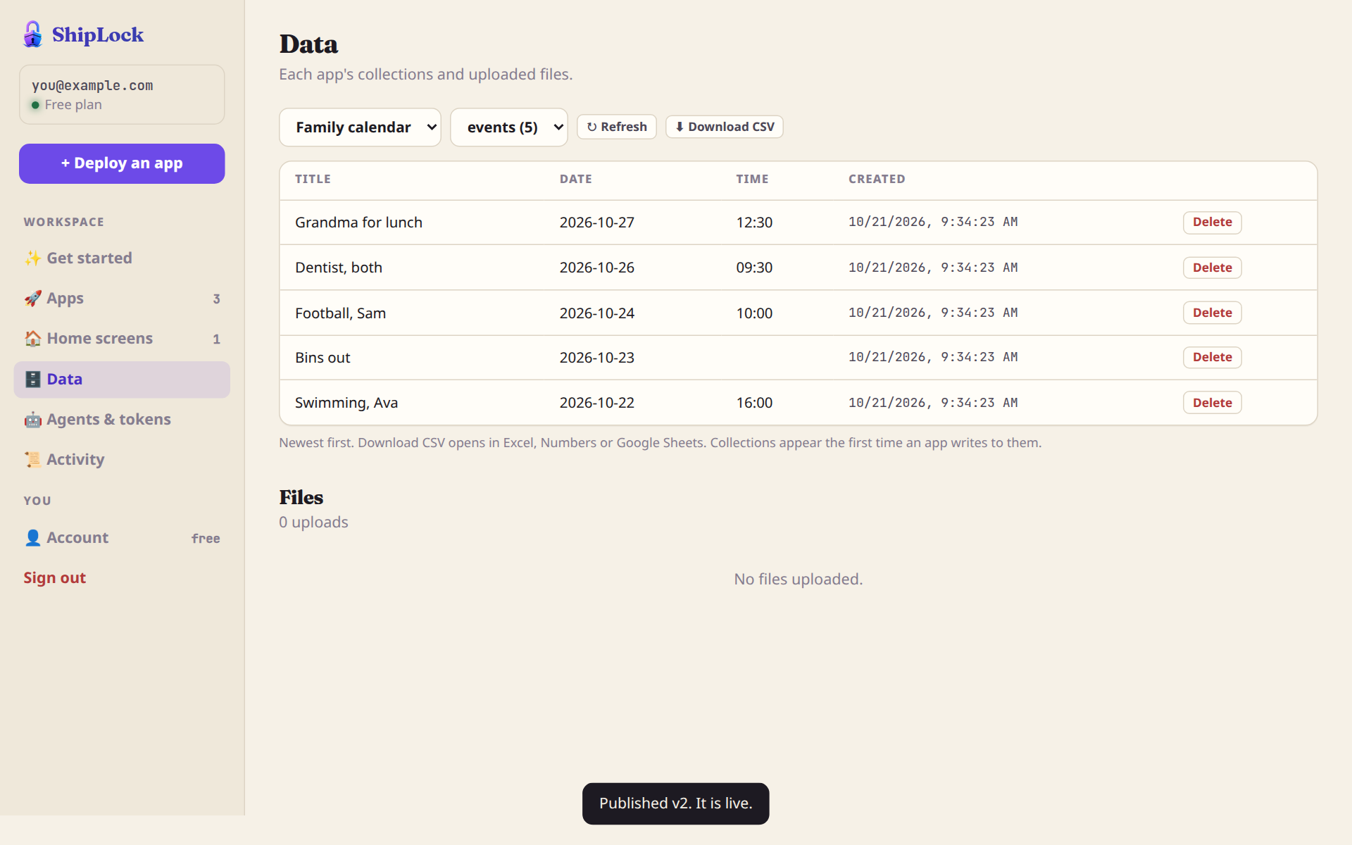 The Data view: the calendar's five events in a table with a Download CSV button