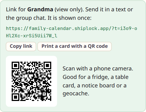 A new link for Grandma, view only, with Copy link, Print a card with a QR code, and the QR itself