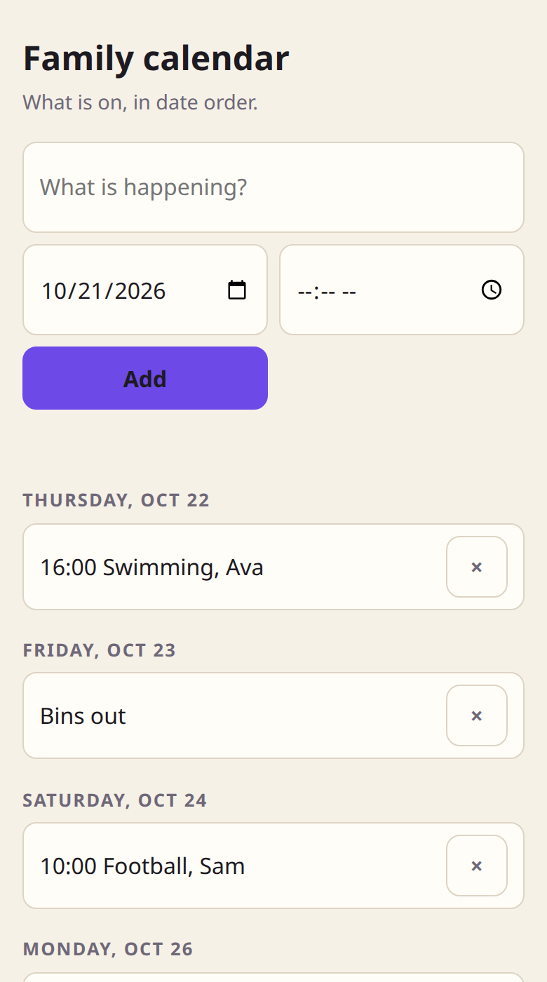 The calendar from the Edit link: an Add form above the same week, a delete button on each line