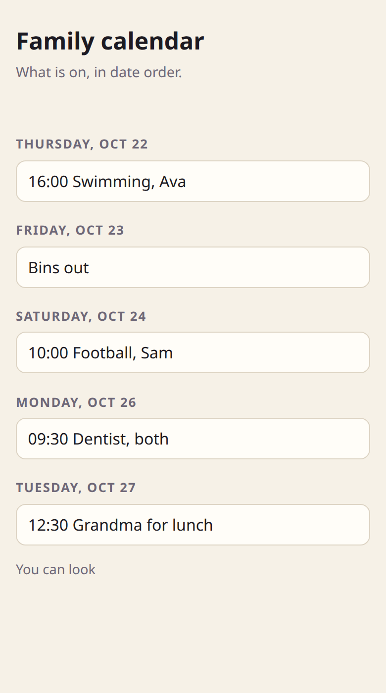 The calendar from the View link: the week in date order, no form