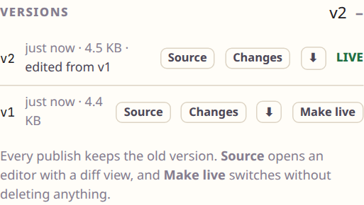 The versions list: v2 live, v1 with a Make live button
