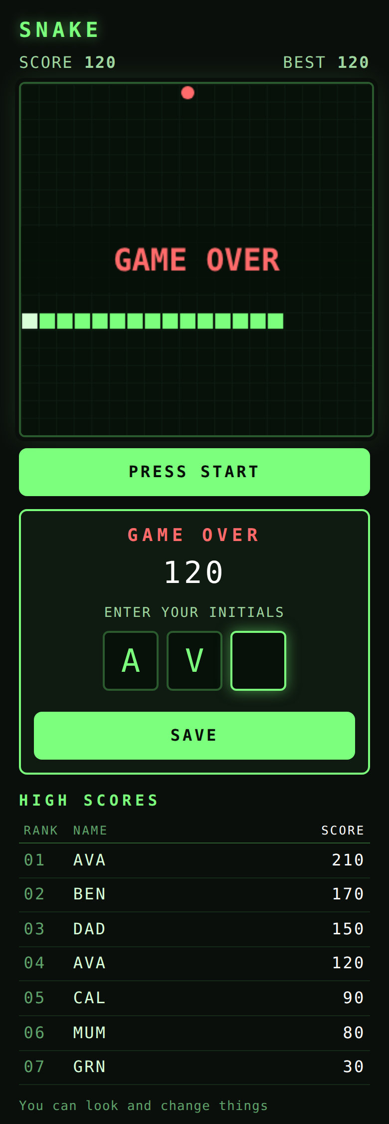 Snake game with a high-score table
